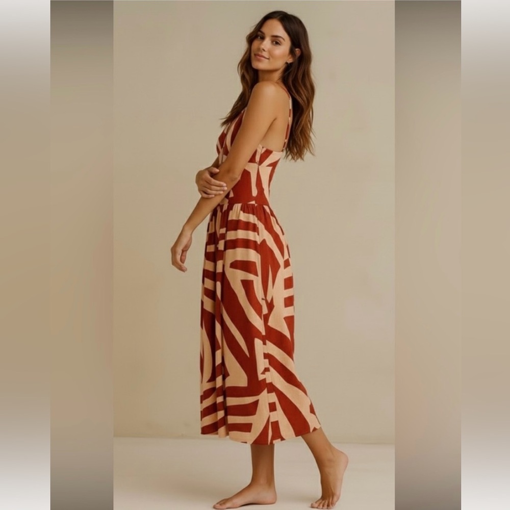 Spaghetti Strap Midi Dress in Rust & Cream - Picture 2 of 2